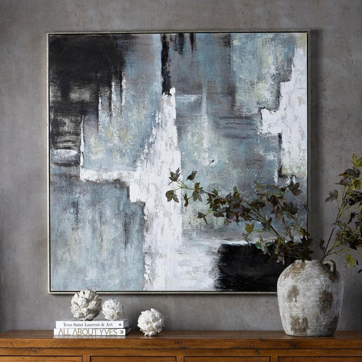 Hand Painted Black And White Layered Abstract Painting - hus & co.