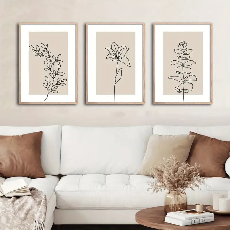 Set of 3 Minimalist Beige Botanical Canvas Prints - HUS & CO.