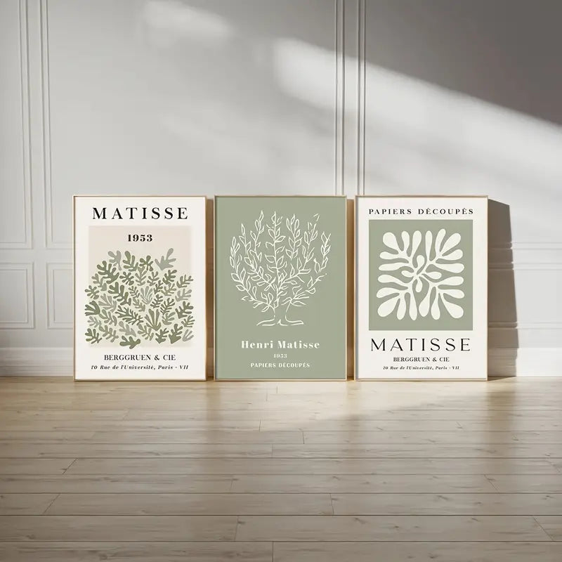 Set of 3 Sage Green Spring Floral Matisse Canvas Posters - HUS & CO.