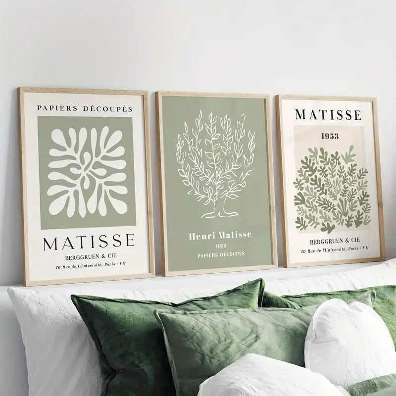 Set of 3 Sage Green Spring Floral Matisse Canvas Posters - HUS & CO.